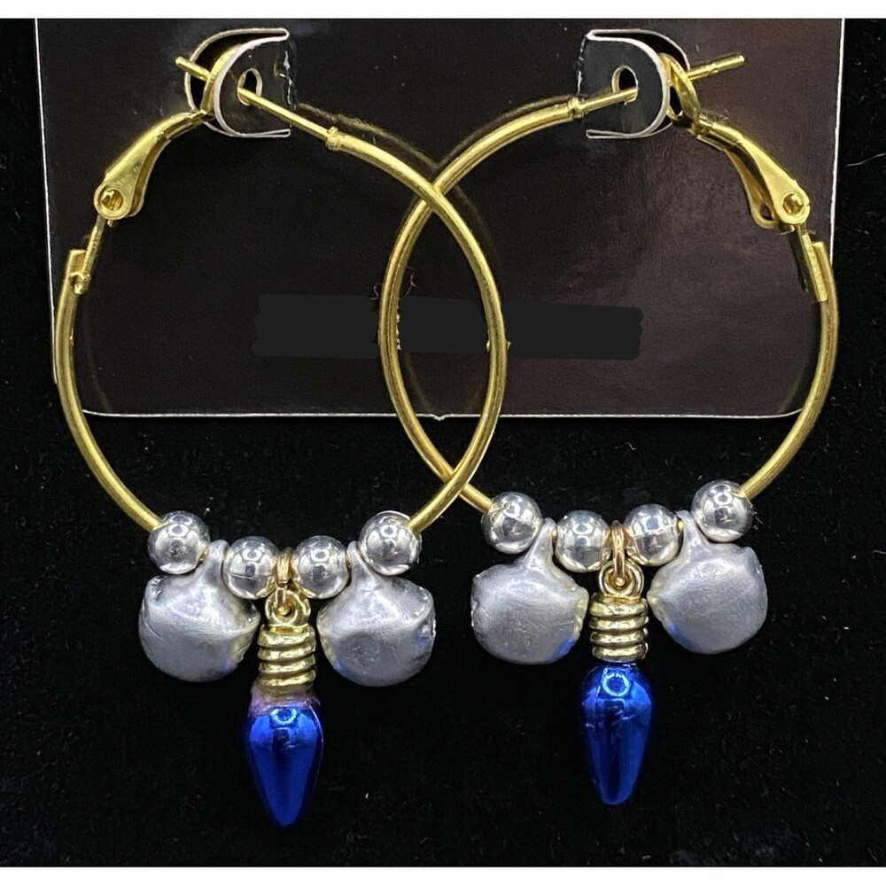 Handmade Blue Christmas Light & Silver Jingle Bell Hoop Earrings by Neanie-Bot